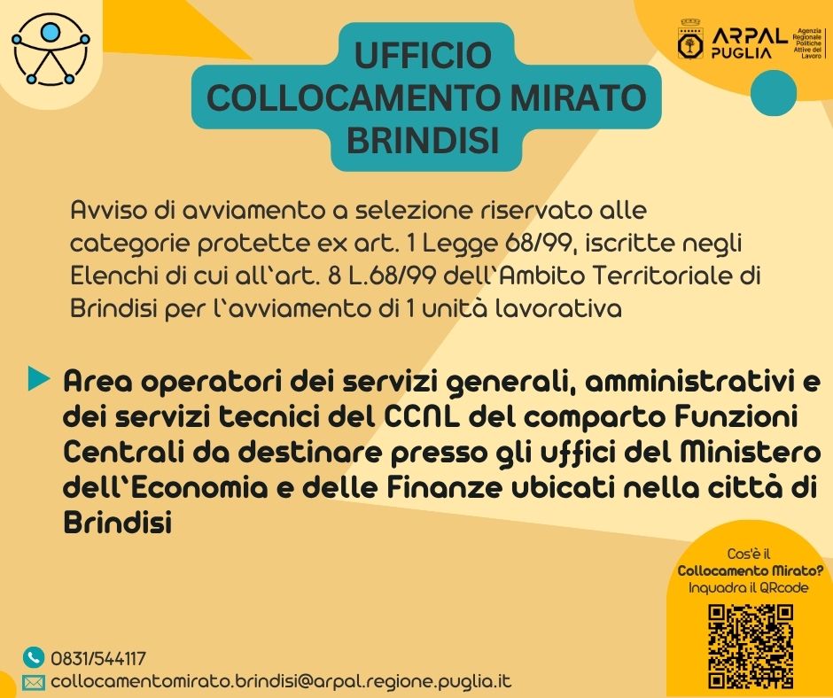 Avviamento a selezione di n. 1 unità lavorativa ex art. 1 Legge 68/99, a tempo pieno ed indeterminato, nell’ambito della famiglia degli Operatori dei servizi generali, amministrativi e dei servizi tecnici del CCNL del comparto Funzioni Centrali da destinare presso gli uffici del Ministero dell’Economia e delle Finanze.
